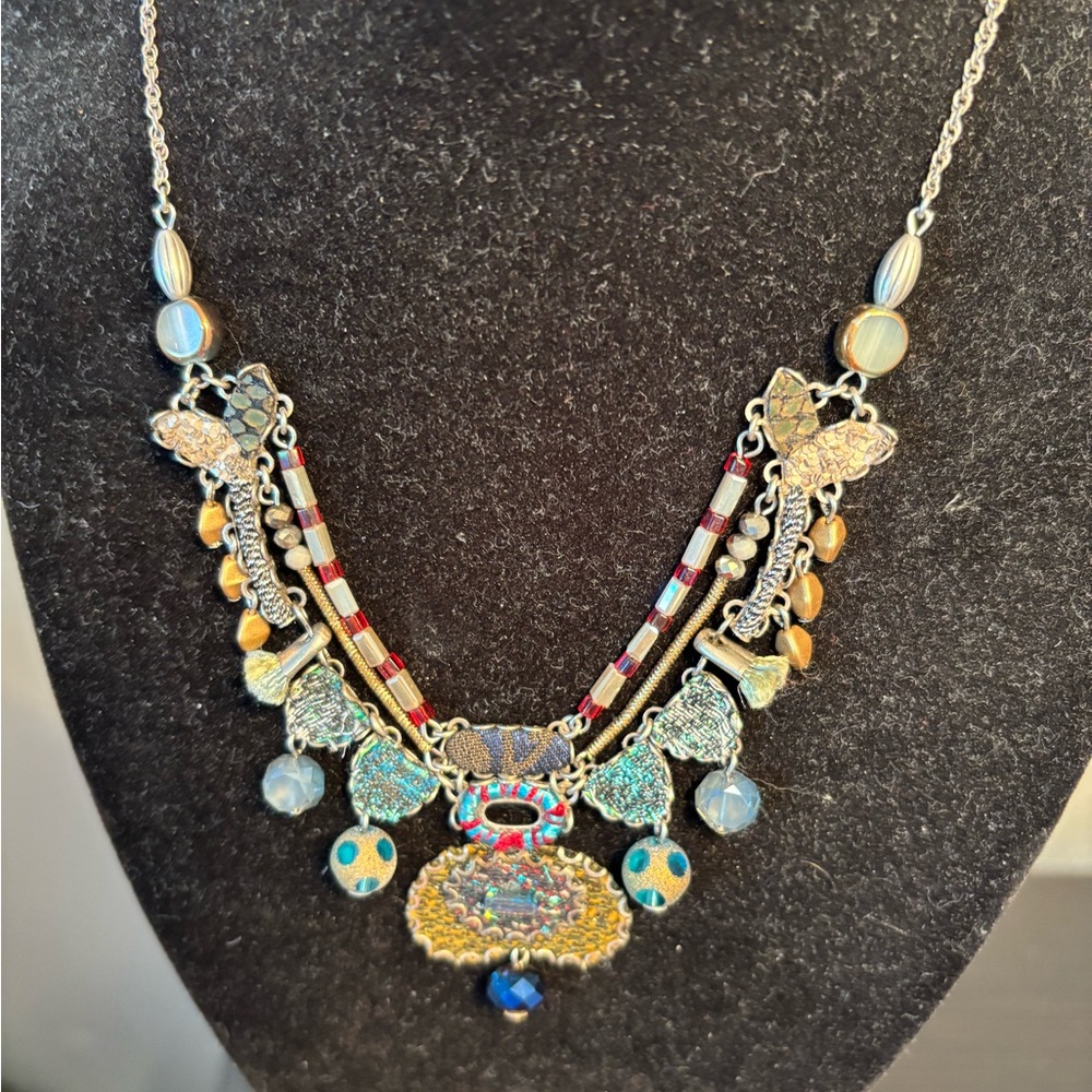 Ayala Bar Blue and Gold Multi-Layered Necklace with Ornate Design
